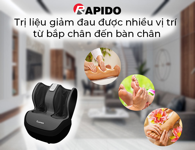 Máy massage Rapido có khả năng trị liệu giảm đau được nhiều vị trí từ bắp chân đến bàn chân